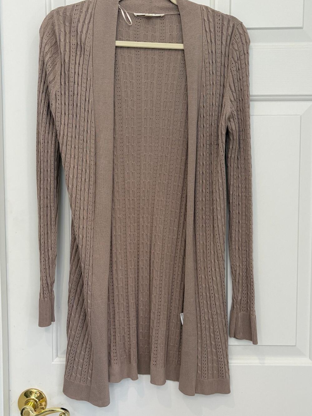 CYRUS Women's Longline Ribbed Cardigan Sweater Taupe Open Front Knit Duster Sm